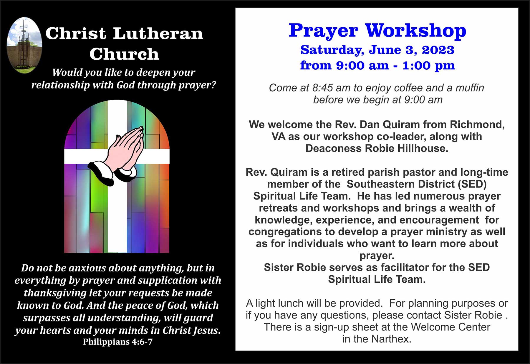 Prayer workshop at Christ Lugheran Church, Hickory NC